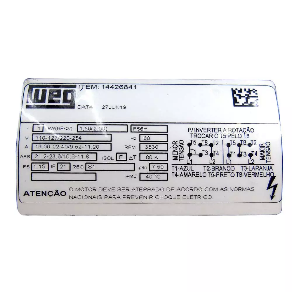 Motor Monofásico IP21 2 Cv/2 Pólos Weg